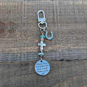Silver horse saddle charm keychain with beads and engraved blessing for horse and rider