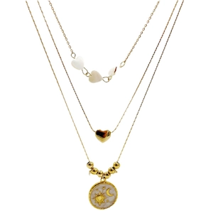Three-layer gold star and moon necklace with heart charms and celestial coin pendant