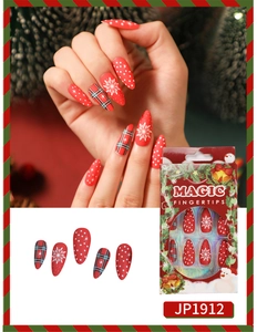 Christmas press on nails set with red snowflakes, polka dots, and classic plaid patterns