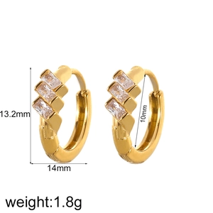 Detailed view of gold earrings with cubic zirconia and exact product dimensions