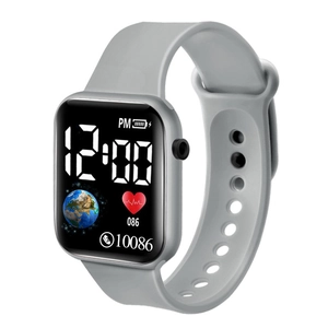 Detail of grey digital watch featuring heart rate monitor and step counter on square screen