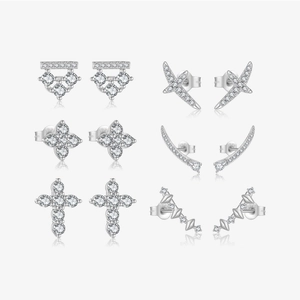 Geometric Stud Earrings With 925 Sterling Silver Earring Post Cubic Zirconia Heart Cross Angel Wing Minimalist Elegant Women