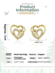 Detailed view of champagne gold heart stud earrings with cubic zirconia and dimensions