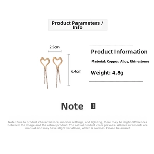 Detailed view of rose gold heart tassel earrings with dimensions and material specs
