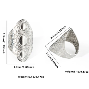 Silver titanium steel ring with vintage floral carving and detailed size measurements