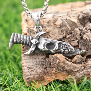 Gothic skull dagger pendant necklace in silver finish with thick link chain for men