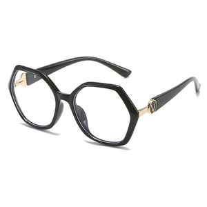 Polygonal TR90 blue light blocking glasses in black and gold finish at 45-degree angle