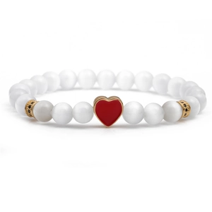 White Cats Eye Stone Beaded Bracelet Copper Enamel Heart Pendant Elegant Jewelry For Women Romantic Gift
