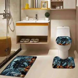 Halloween bathroom set with ghosts and pumpkins pattern including rugs and toilet lid cover