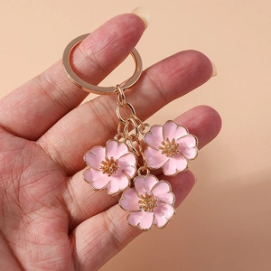 Pink peach blossom enamel keychain pendant for handbags with gold-plated metal chain