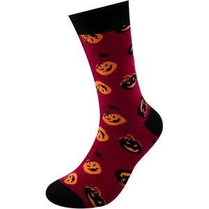 Detail of burgundy Halloween socks featuring orange pumpkin and black cat knit patterns