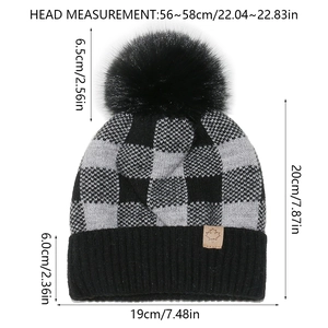 Size chart and details of checkered knit beanie with faux fur pom and leather patch