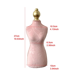 Pink velvet mannequin jewelry display stand with gold top and detailed size measurements