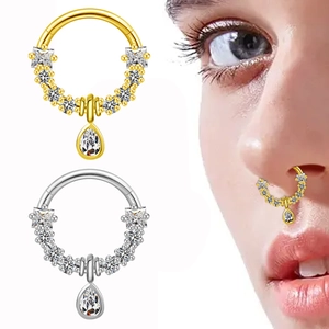 Elegant Copper Zirconia Nose Ring Closed Septum Hoop Water Drop Pendant Piercing Jewelry For Women Wedding Gift