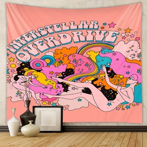 Macro shot of a high-quality psychedelic art tapestry with vibrant interstellar typography