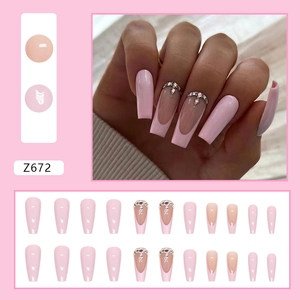 Long ballet pink french fake nails with rhinestones and glitters 24pcs Z672