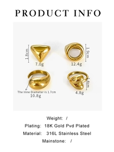 Detailed specs of geometric stainless steel rings with 18K gold PVD plating info