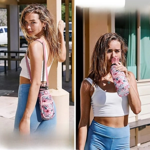 Outdoor floral water bottle sleeve with adjustable shoulder strap and soft leak-proof straw