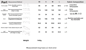 Detailed size chart for faux fur coat showing chest, shoulder and sleeve measurements
