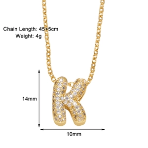 Detailed size chart for golden zircon letter K pendant necklace with dimensions in mm