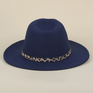Close-up of navy blue wool fedora hat featuring a stylish leopard print belt buckle band