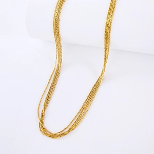 Detail of layered gold stainless steel necklace draped on a white cylindrical stand