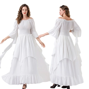 White Renaissance medieval dress with ruffles and lace-up bodice shown in front and back view