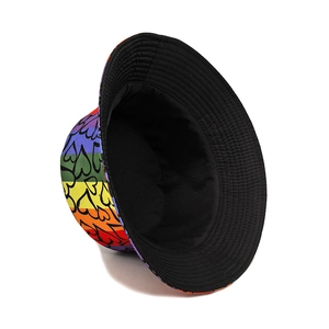 Rainbow striped bucket hat with heart print for women, reversible sun protection travel cap