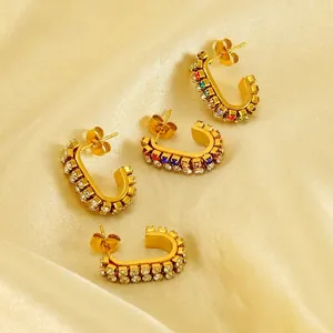 Hoop Earrings 18K Gold Plated Stainless Steel With Double Row Rhinestone C Shaped Colorful Zircon Fashion Jewelry Women