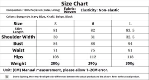 Detailed size chart for sleeveless bow dress with dimensions and fabric information