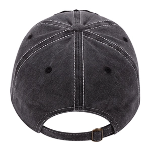 Rear view of washed charcoal baseball cap with white contrast stitching and metal buckle