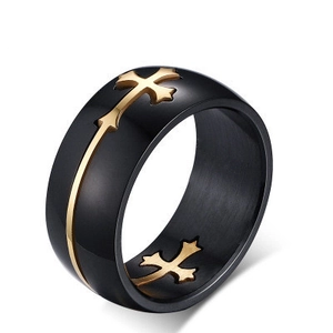 Black and gold stainless steel ring with detachable cross pattern in hip hop style