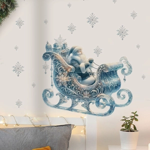 Sticker mural sapin de Noël bleu glacé avec traîneau pour décor de fenêtre festive