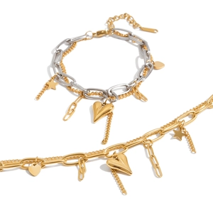 Two-tone heart and star charm bracelet set with polished gold and silver finishes