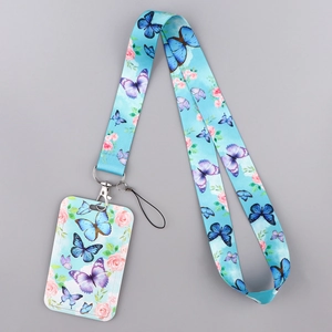 Detailed blue butterfly floral lanyard and ID card holder made of durable plastic