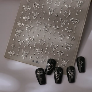 Autocollants 5D argentés gothiques pour ongles avec papillons et cœurs chromés de luxe
