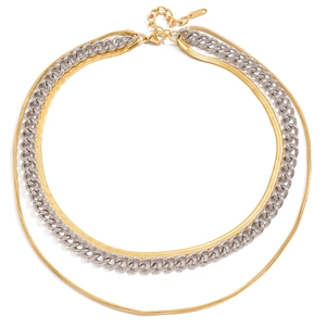 Three-layer 18K stainless steel mixed metal necklace with snake and cuban link chains