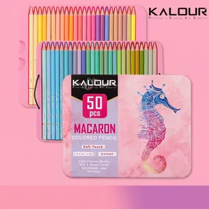 50-color macaron colored pencil set in pink tin box with sea horse illustration