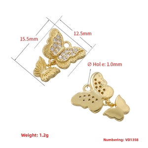 Detailed views of 18K gold plated double butterfly pendant with white zircons and dimensions