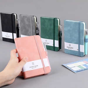 A6 portable faux leather notebook set with elastic strap, matching pen and index stickers