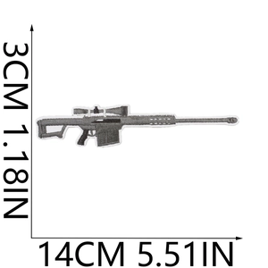 Detail of sniper rifle embroidery patch showing grey stitching and 14cm size dimensions