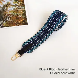 Detail of colorful geometric woven wide shoulder strap with black leather and gold hooks