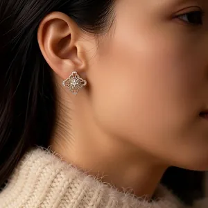 Vintage silver hollow rhombic stud earrings with sparkling zircon for elegant women