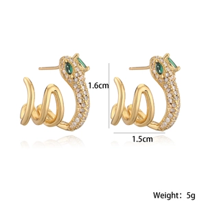 Gold-plated snake studs with sparkling white zircons and green gemstone eyes