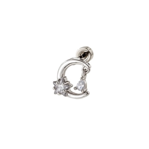 Silver crescent moon and star stud earring with clear zircon and screw back closure