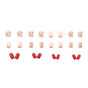 Floral print and glossy red press-on nails set with 24 pieces in short square shape