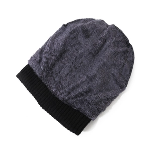 Winter thermal knit beanie hat with thick fleece lining in classic black and grey