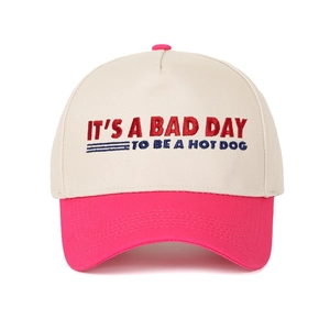 Close-up of color-block baseball cap featuring embroidered Hot Dog slogan text
