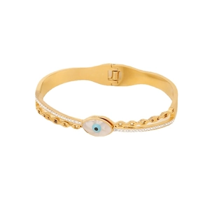 Modisches goldenes Edelstahl-Bügelarmband mit bösem Blick und weißen Zirkonia-Kristallen