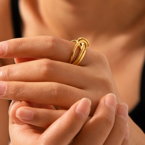 Knotted Stainless Steel Ring For Women 18K Gold Plated Minimalist Linear Winding Design Adjustable Open Finger Ring Jewelry